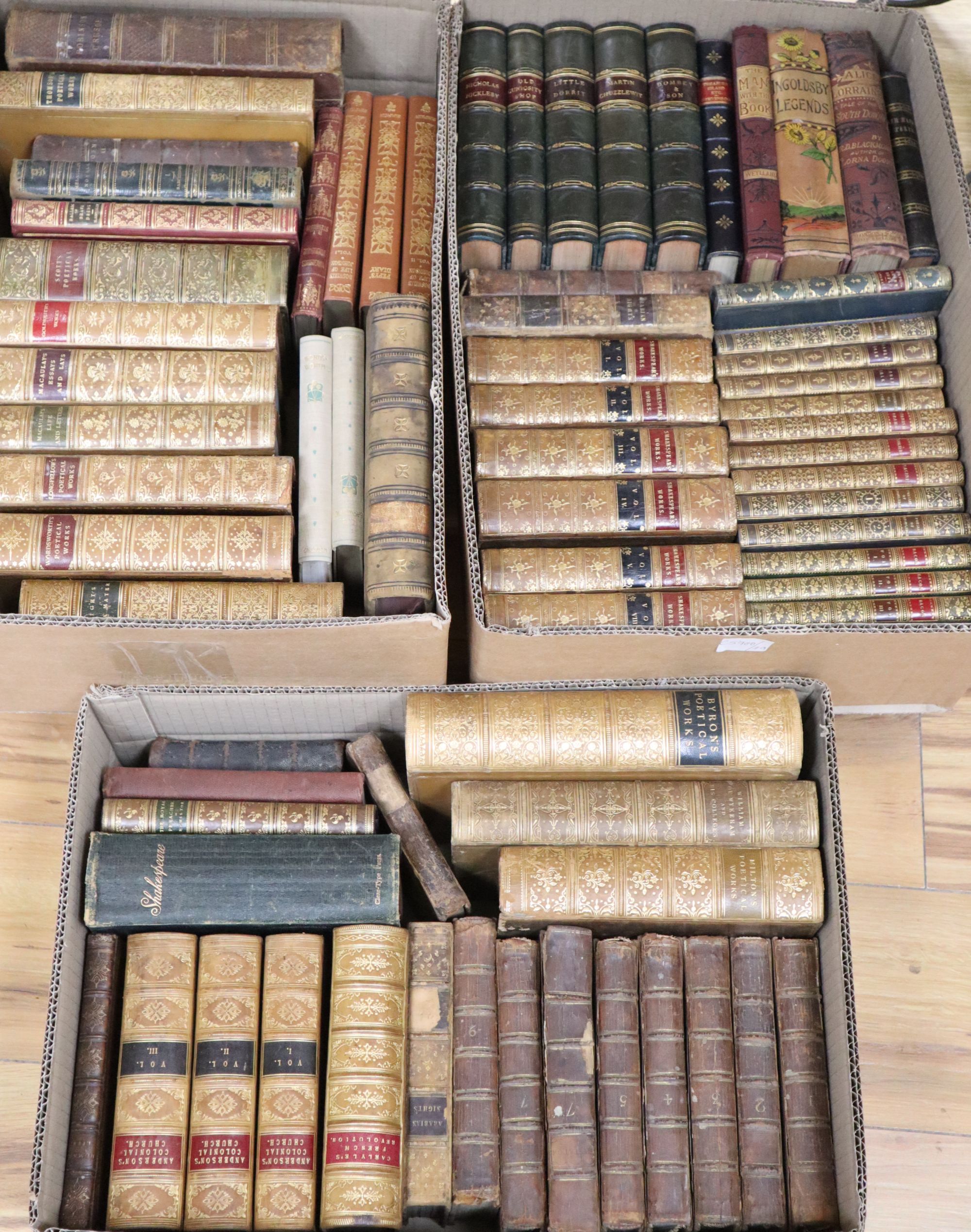 A collection of 18th/19th century leatherbound volumes, including The Spectator 1-9, Shakespeares works, etc. and a Book of Common Pra